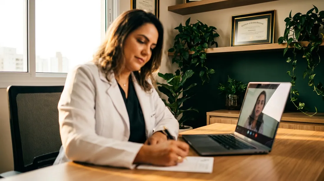 Médico brasileiro emitindo prescrição em teleconsulta